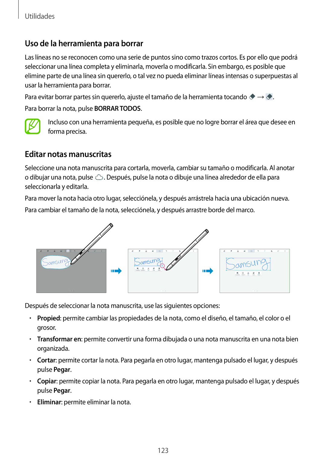 Samsung SM-P9050ZKAPHE, SM-P9050ZKATPH, SM-P9050ZWATPH manual Uso de la herramienta para borrar, Editar notas manuscritas 