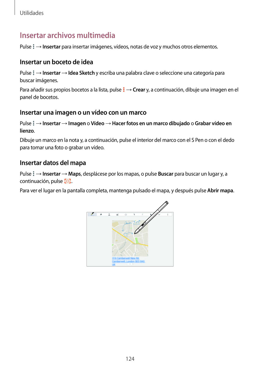 Samsung SM-P9050ZWAPHE, SM-P9050ZKATPH Insertar archivos multimedia, Insertar un boceto de idea, Insertar datos del mapa 