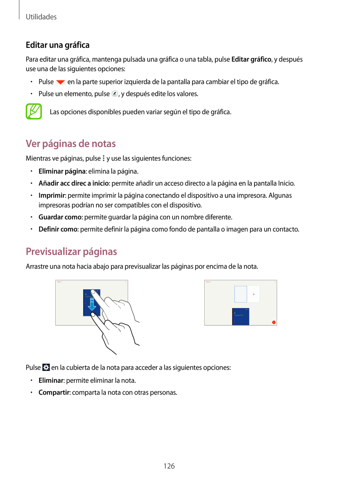 Samsung SM-P9050ZWATPH, SM-P9050ZKATPH, SM-P9050ZKAXSK manual Ver páginas de notas, Previsualizar páginas, Editar una gráfica 