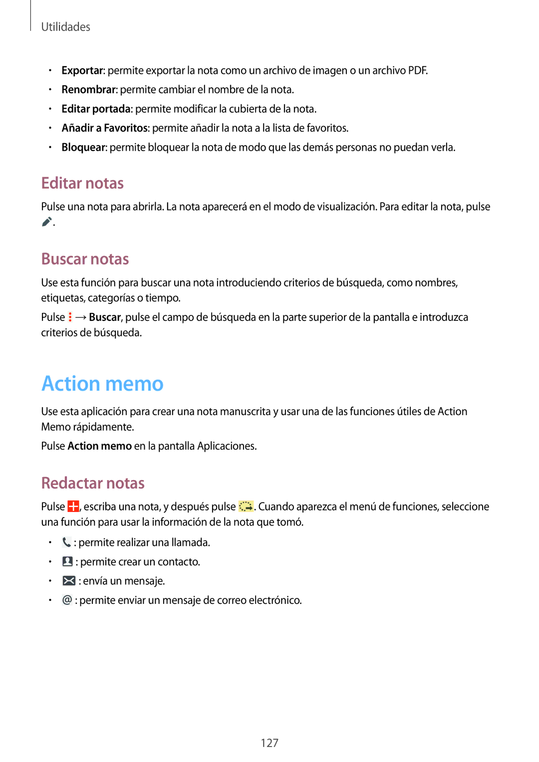 Samsung SM-P9050ZKAXSK, SM-P9050ZKATPH, SM-P9050ZWATPH manual Action memo, Editar notas, Buscar notas, Redactar notas 