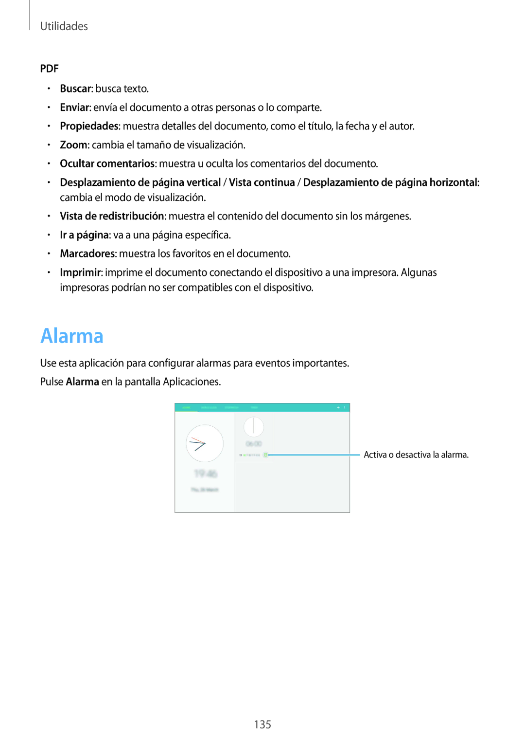 Samsung SM-P9050ZKATPH, SM-P9050ZWATPH, SM-P9050ZKAXSK, SM-P9050ZKAPHE, SM-P9050ZWAPHE manual Alarma 