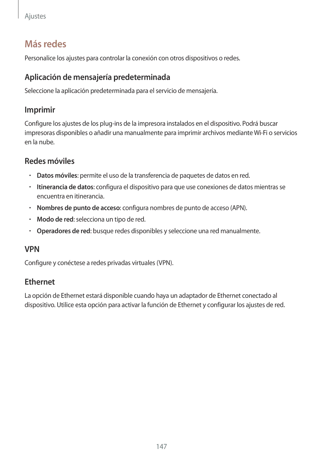 Samsung SM-P9050ZKAXSK manual Más redes, Aplicación de mensajería predeterminada, Imprimir, Redes móviles, Ethernet 