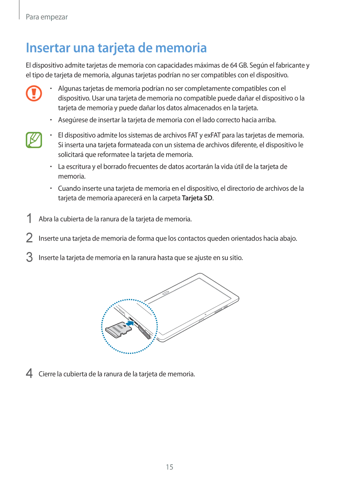 Samsung SM-P9050ZKATPH, SM-P9050ZWATPH, SM-P9050ZKAXSK, SM-P9050ZKAPHE, SM-P9050ZWAPHE manual Insertar una tarjeta de memoria 