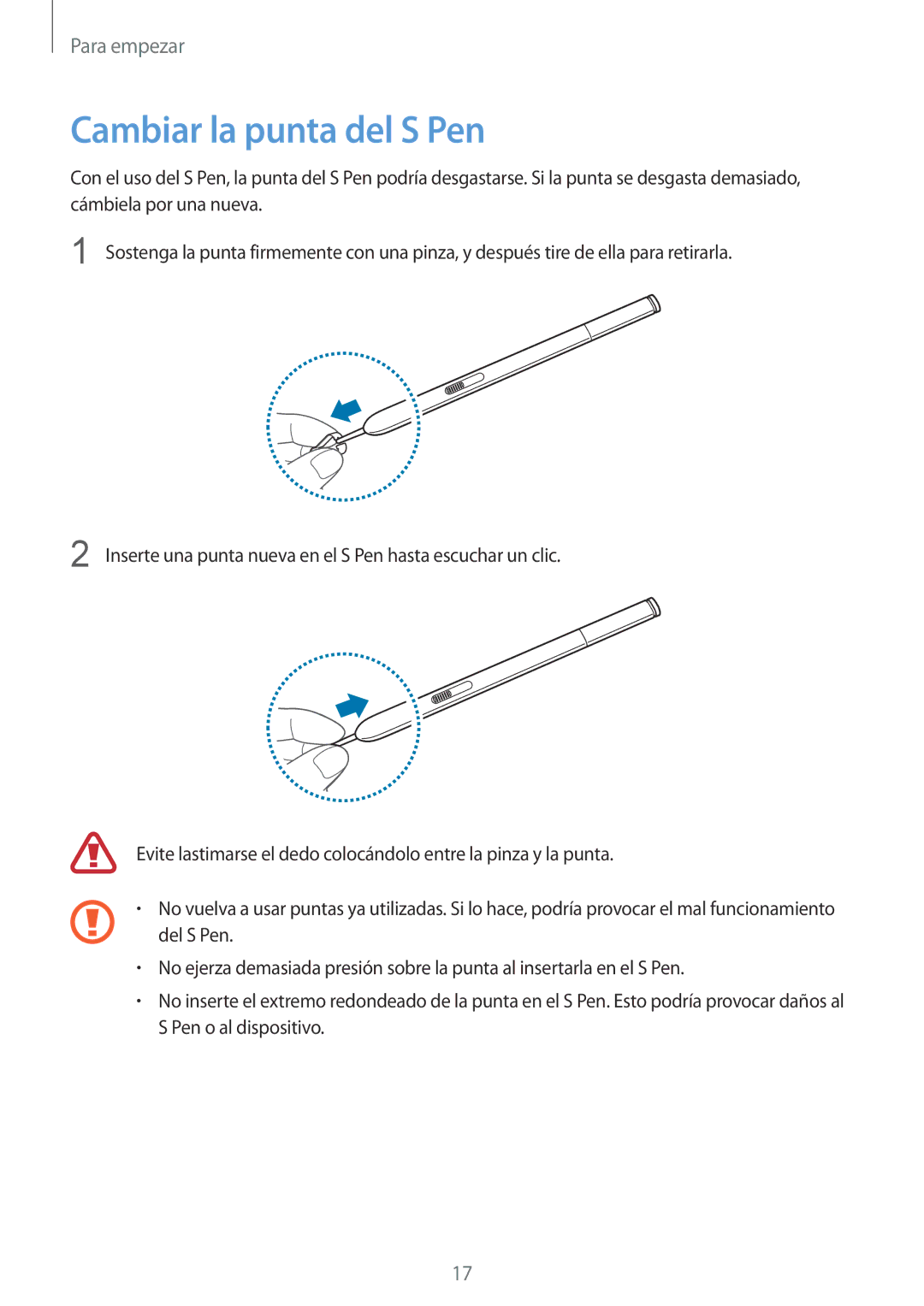 Samsung SM-P9050ZKAXSK, SM-P9050ZKATPH, SM-P9050ZWATPH, SM-P9050ZKAPHE, SM-P9050ZWAPHE manual Cambiar la punta del S Pen 