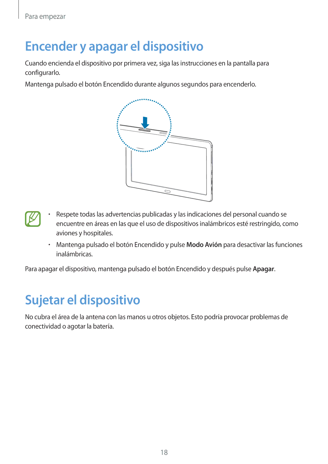 Samsung SM-P9050ZKAPHE, SM-P9050ZKATPH, SM-P9050ZWATPH manual Encender y apagar el dispositivo, Sujetar el dispositivo 