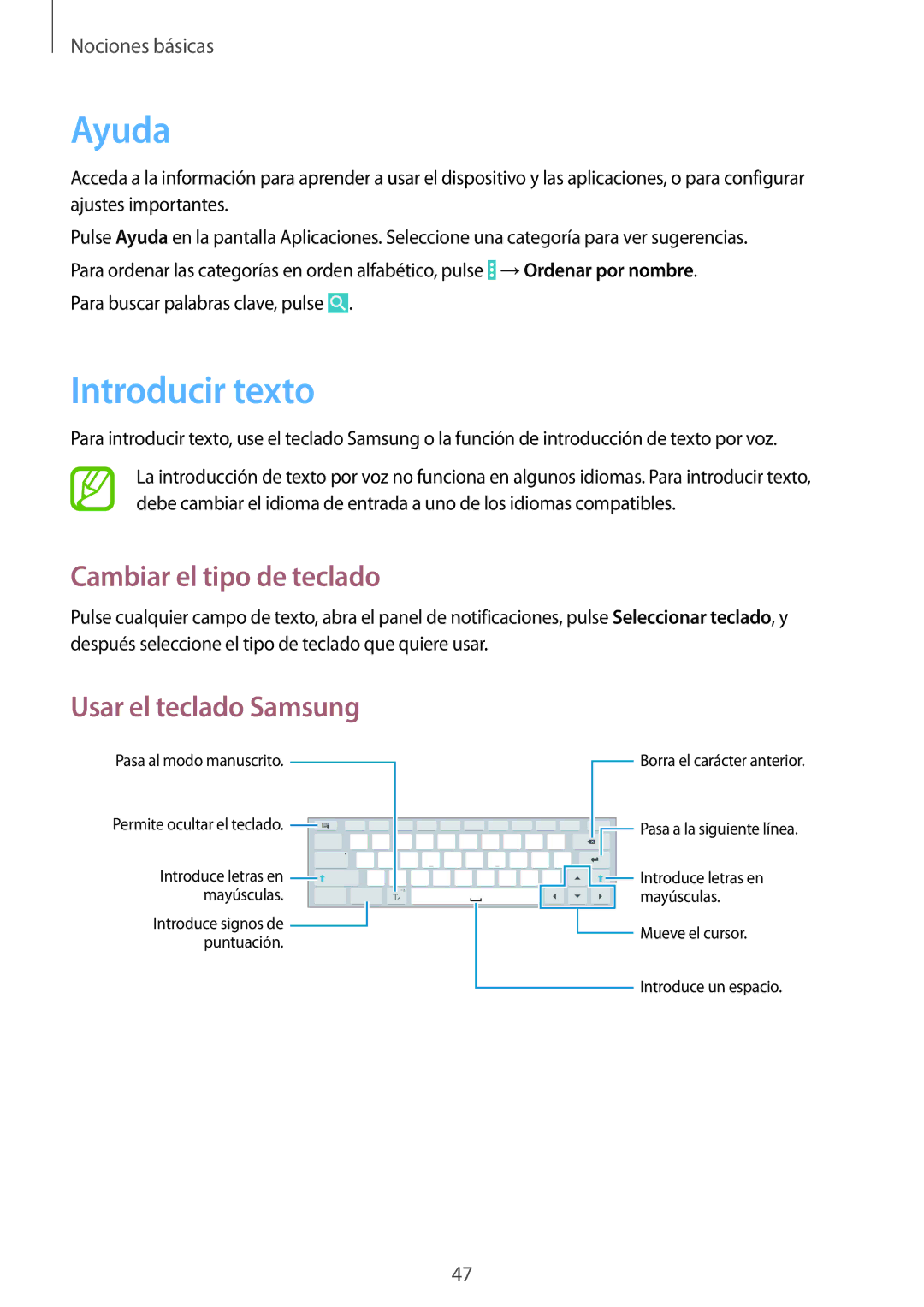 Samsung SM-P9050ZKAXSK, SM-P9050ZKATPH manual Ayuda, Introducir texto, Cambiar el tipo de teclado, Usar el teclado Samsung 