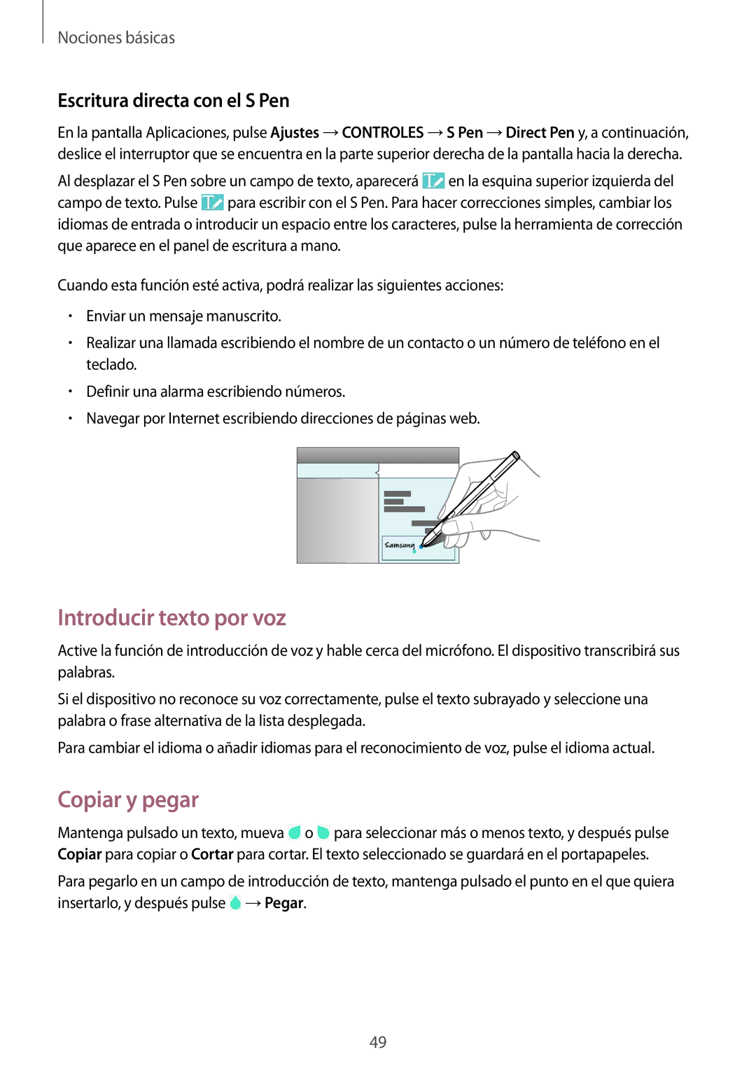 Samsung SM-P9050ZWAPHE, SM-P9050ZKATPH manual Introducir texto por voz, Copiar y pegar, Escritura directa con el S Pen 