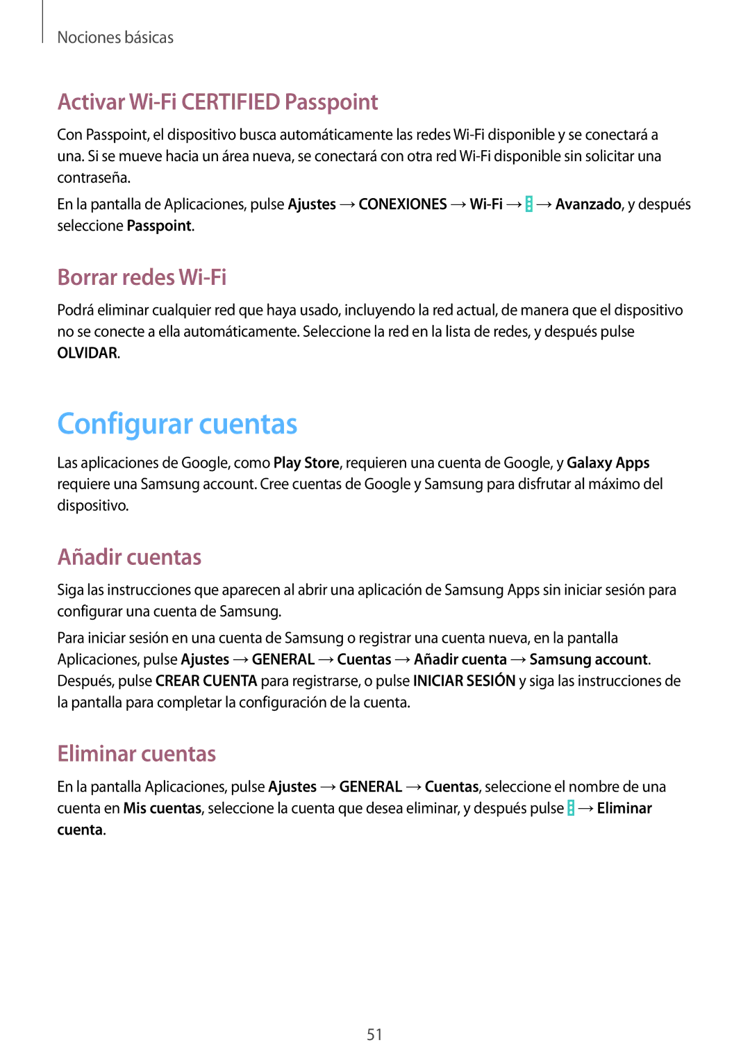 Samsung SM-P9050ZWATPH manual Configurar cuentas, Activar Wi-Fi Certified Passpoint, Borrar redes Wi-Fi, Añadir cuentas 