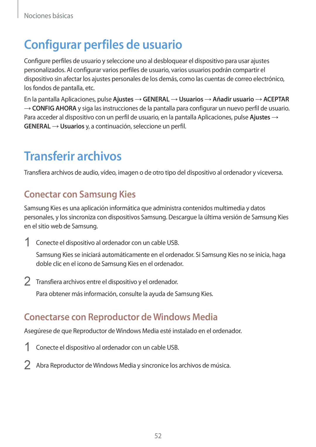 Samsung SM-P9050ZKAXSK, SM-P9050ZKATPH manual Configurar perfiles de usuario, Transferir archivos, Conectar con Samsung Kies 