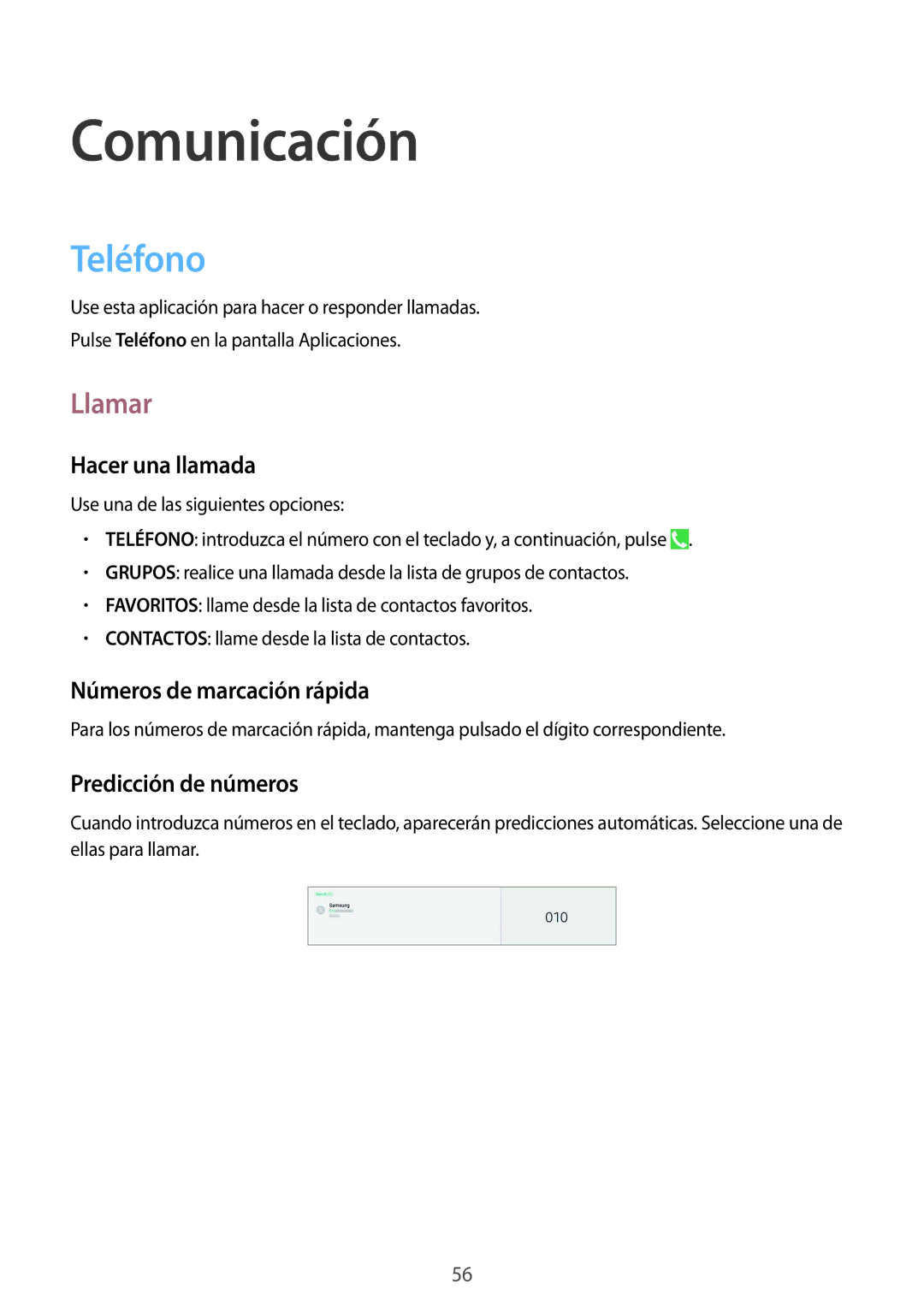 Samsung SM-P9050ZWATPH manual Teléfono, Llamar, Hacer una llamada, Números de marcación rápida, Predicción de números 