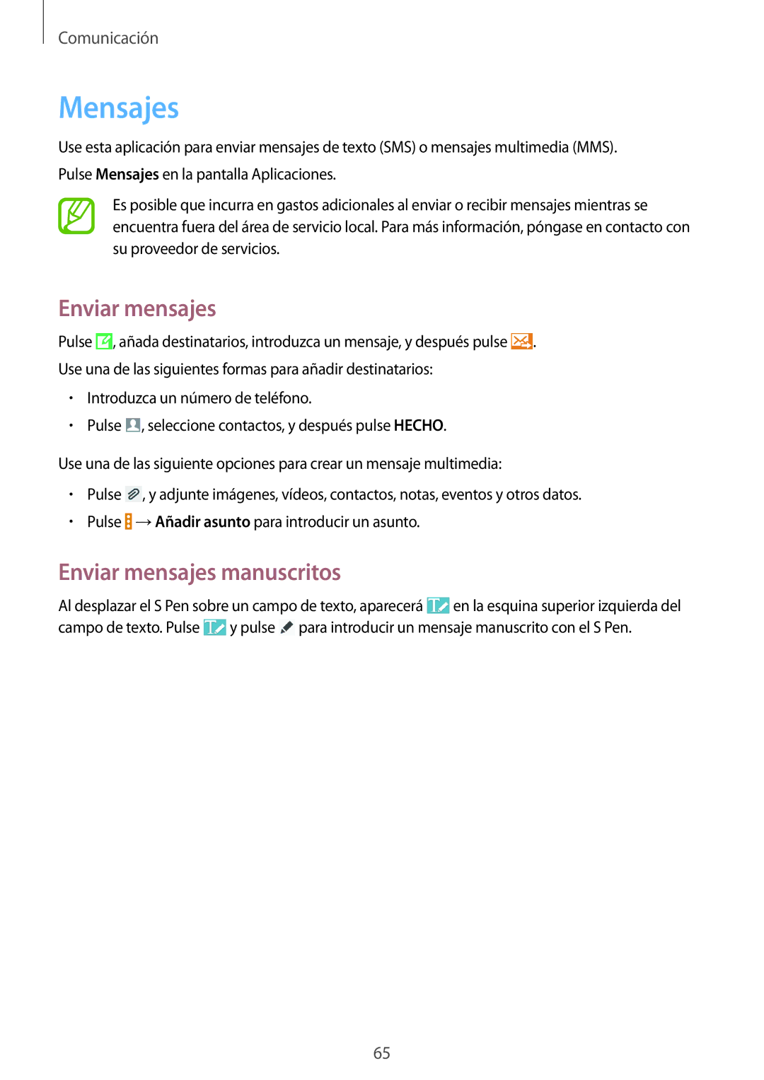 Samsung SM-P9050ZKATPH, SM-P9050ZWATPH, SM-P9050ZKAXSK, SM-P9050ZKAPHE manual Mensajes, Enviar mensajes manuscritos 