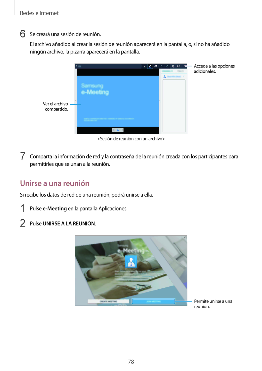 Samsung SM-P9050ZKAPHE, SM-P9050ZKATPH, SM-P9050ZWATPH, SM-P9050ZKAXSK manual Unirse a una reunión, Pulse Unirse a LA Reunión 