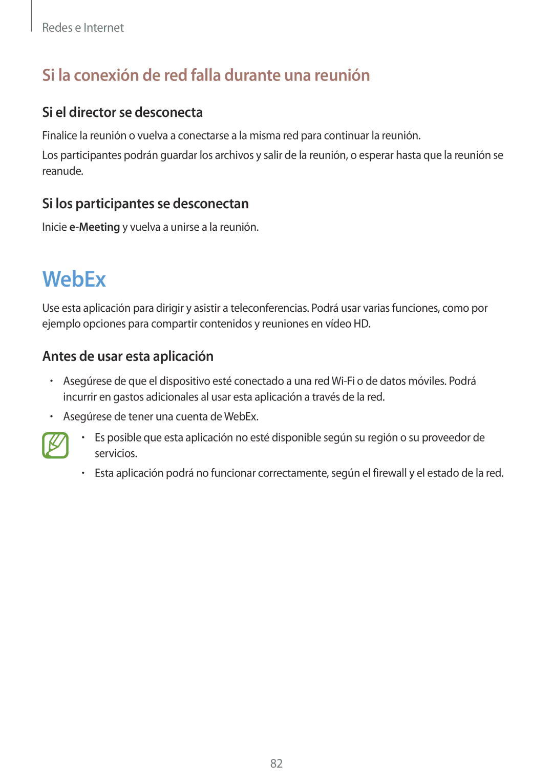 Samsung SM-P9050ZKAXSK manual WebEx, Si la conexión de red falla durante una reunión, Si el director se desconecta 