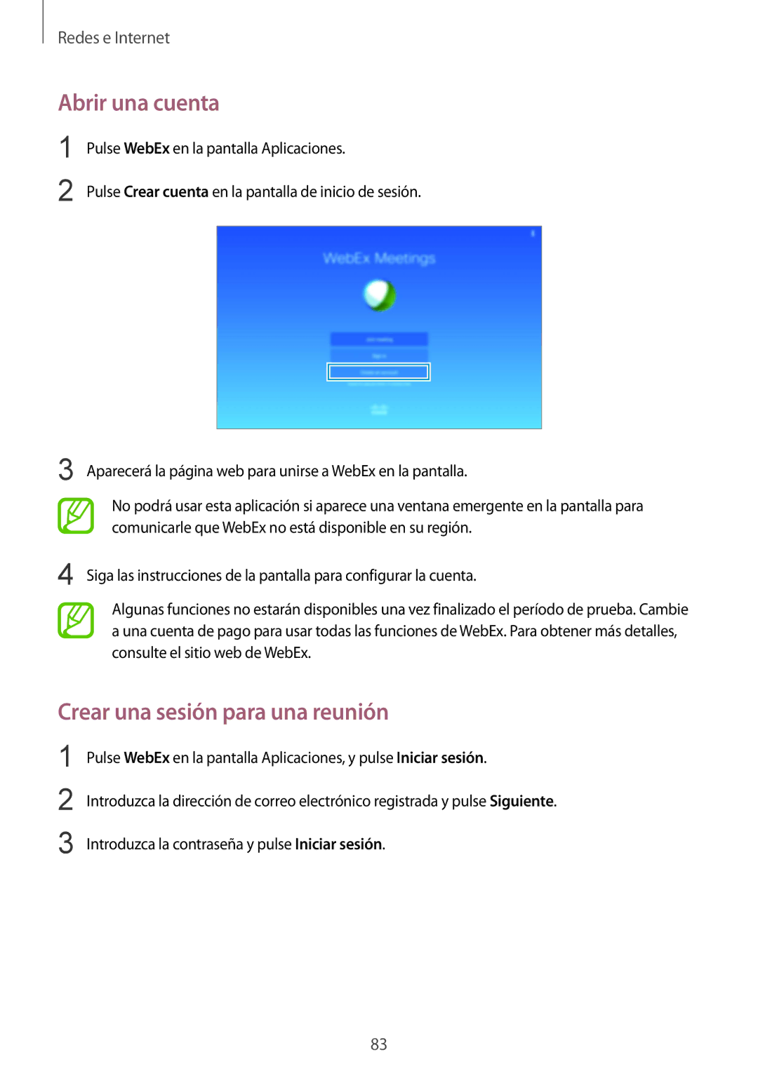 Samsung SM-P9050ZKAPHE, SM-P9050ZKATPH, SM-P9050ZWATPH, SM-P9050ZKAXSK Abrir una cuenta, Crear una sesión para una reunión 