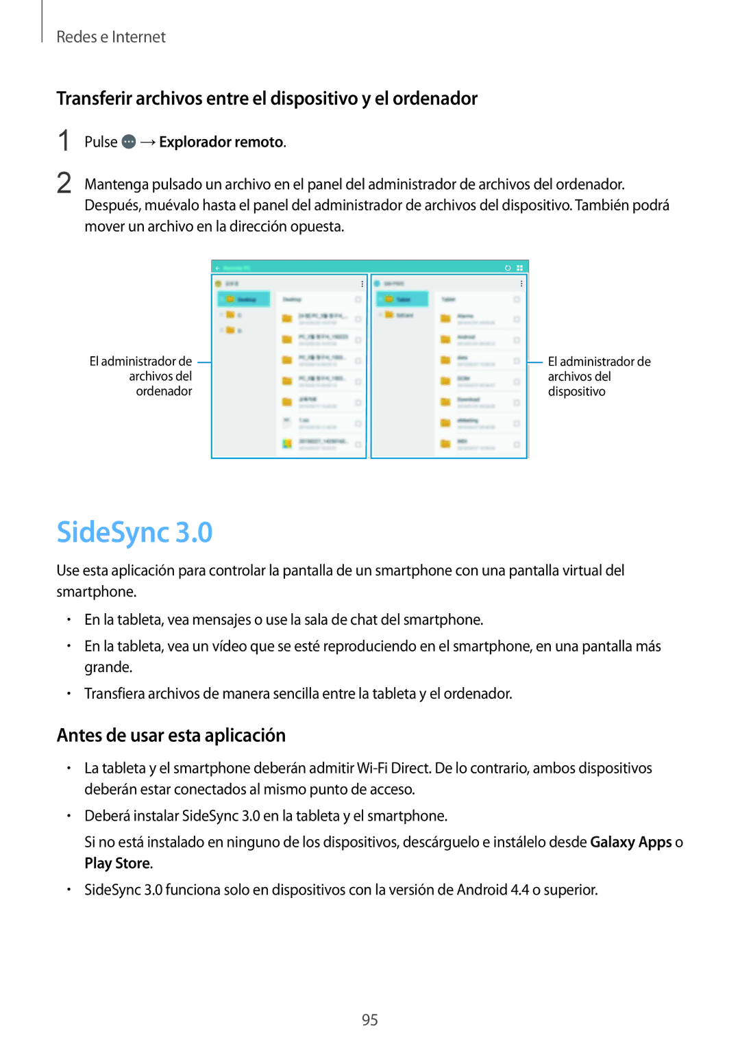 Samsung SM-P9050ZKATPH manual SideSync, Transferir archivos entre el dispositivo y el ordenador, Pulse →Explorador remoto 