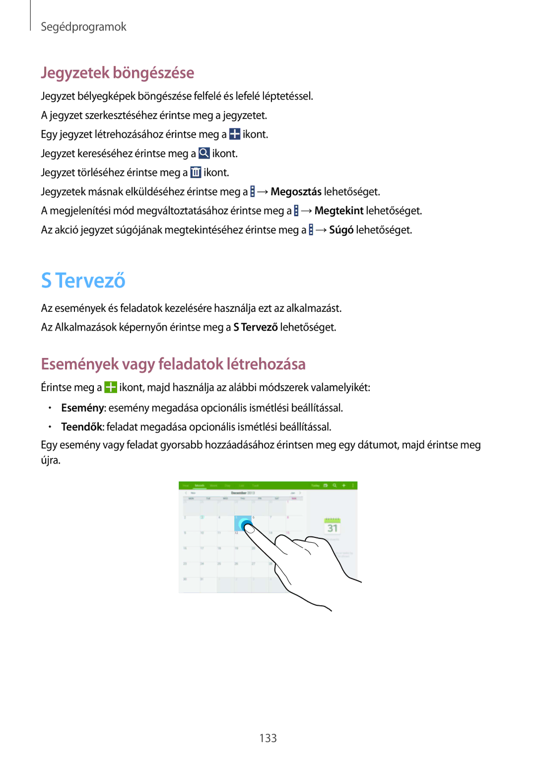 Samsung SM-P9050ZKAXEH manual Tervező, Jegyzetek böngészése, Események vagy feladatok létrehozása 