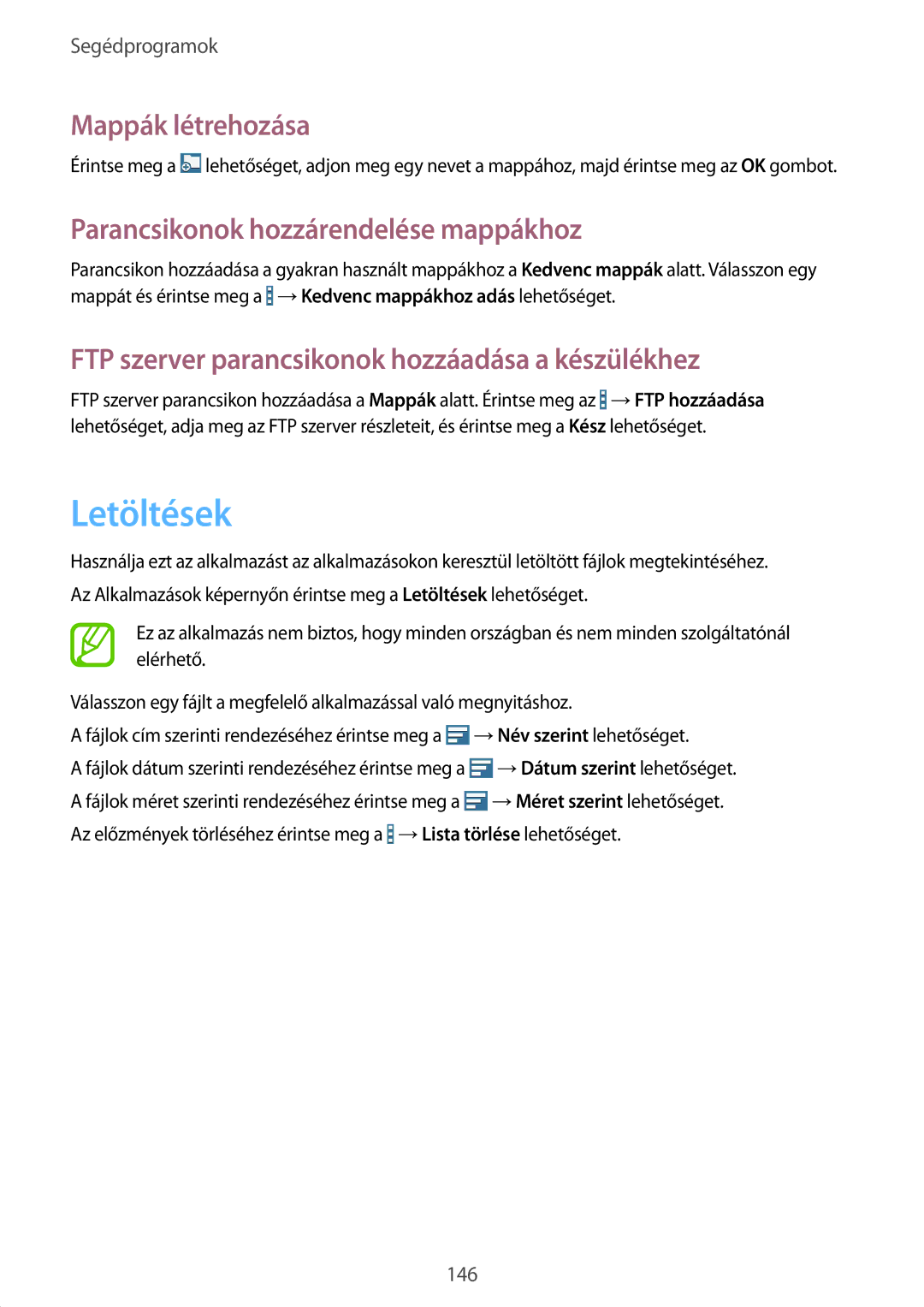 Samsung SM-P9050ZKAXEH manual Letöltések, Mappák létrehozása, Parancsikonok hozzárendelése mappákhoz 