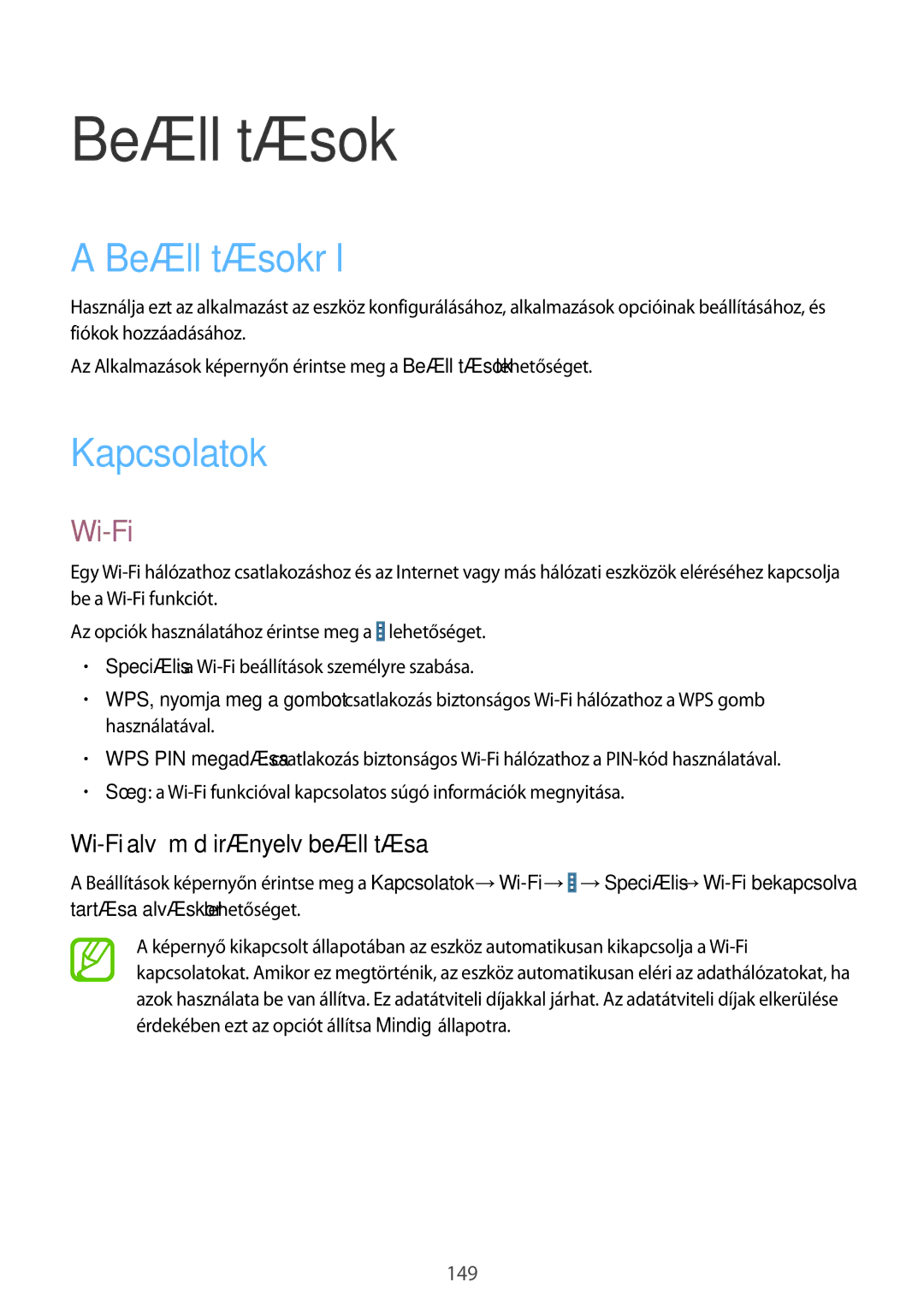 Samsung SM-P9050ZKAXEH manual Beállításokról, Kapcsolatok, Wi-Fi alvó mód irányelv beállítása 