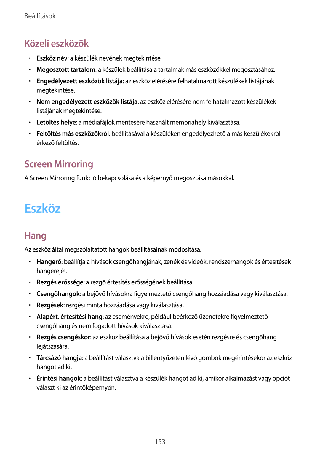 Samsung SM-P9050ZKAXEH manual Eszköz, Közeli eszközök, Screen Mirroring, Hang 