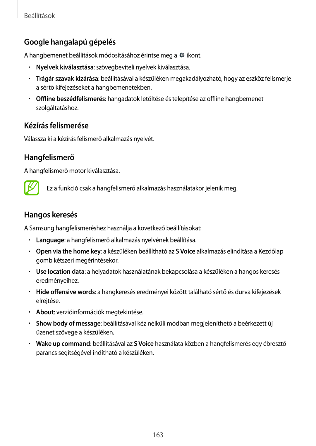 Samsung SM-P9050ZKAXEH manual Google hangalapú gépelés, Kézírás felismerése, Hangfelismerő, Hangos keresés 