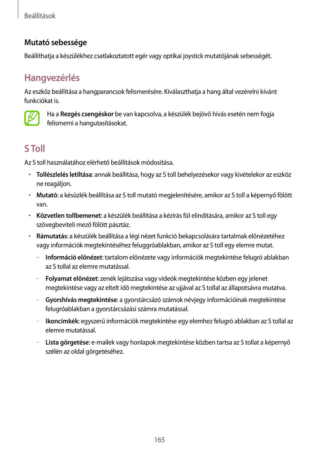 Samsung SM-P9050ZKAXEH manual Hangvezérlés, Toll, Mutató sebessége 