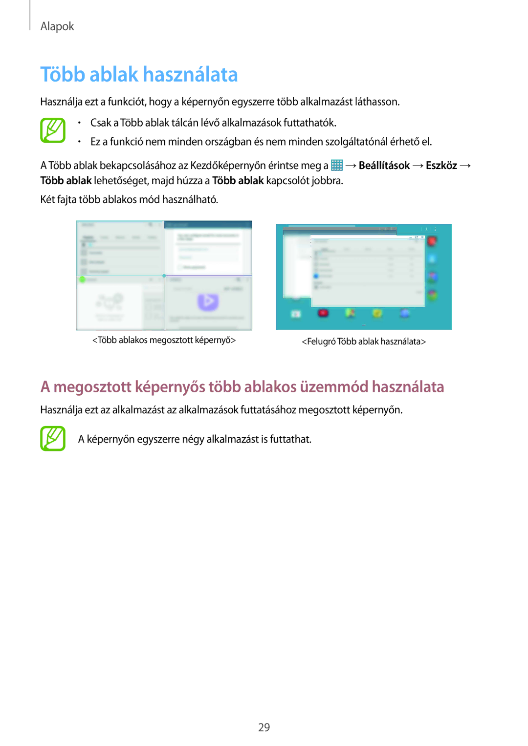 Samsung SM-P9050ZKAXEH manual Több ablak használata, Megosztott képernyős több ablakos üzemmód használata 