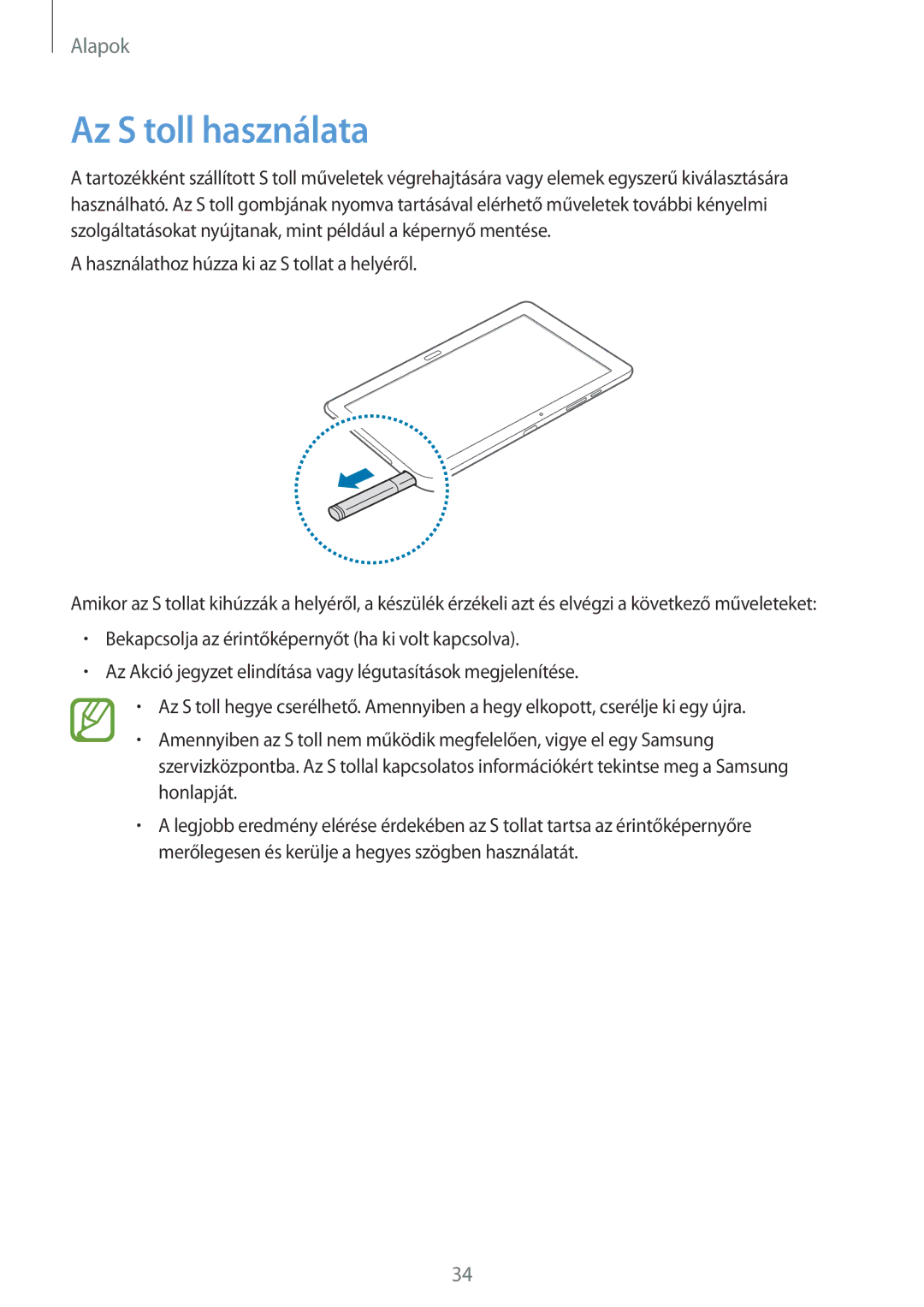 Samsung SM-P9050ZKAXEH manual Az S toll használata 