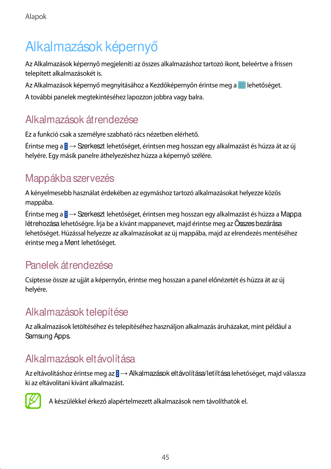 Samsung SM-P9050ZKAXEH manual Alkalmazások képernyő 