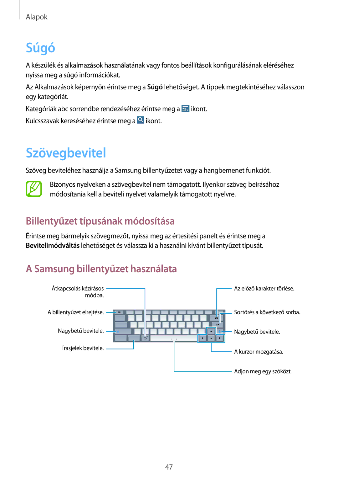 Samsung SM-P9050ZKAXEH manual Súgó, Szövegbevitel, Billentyűzet típusának módosítása, Samsung billentyűzet használata 