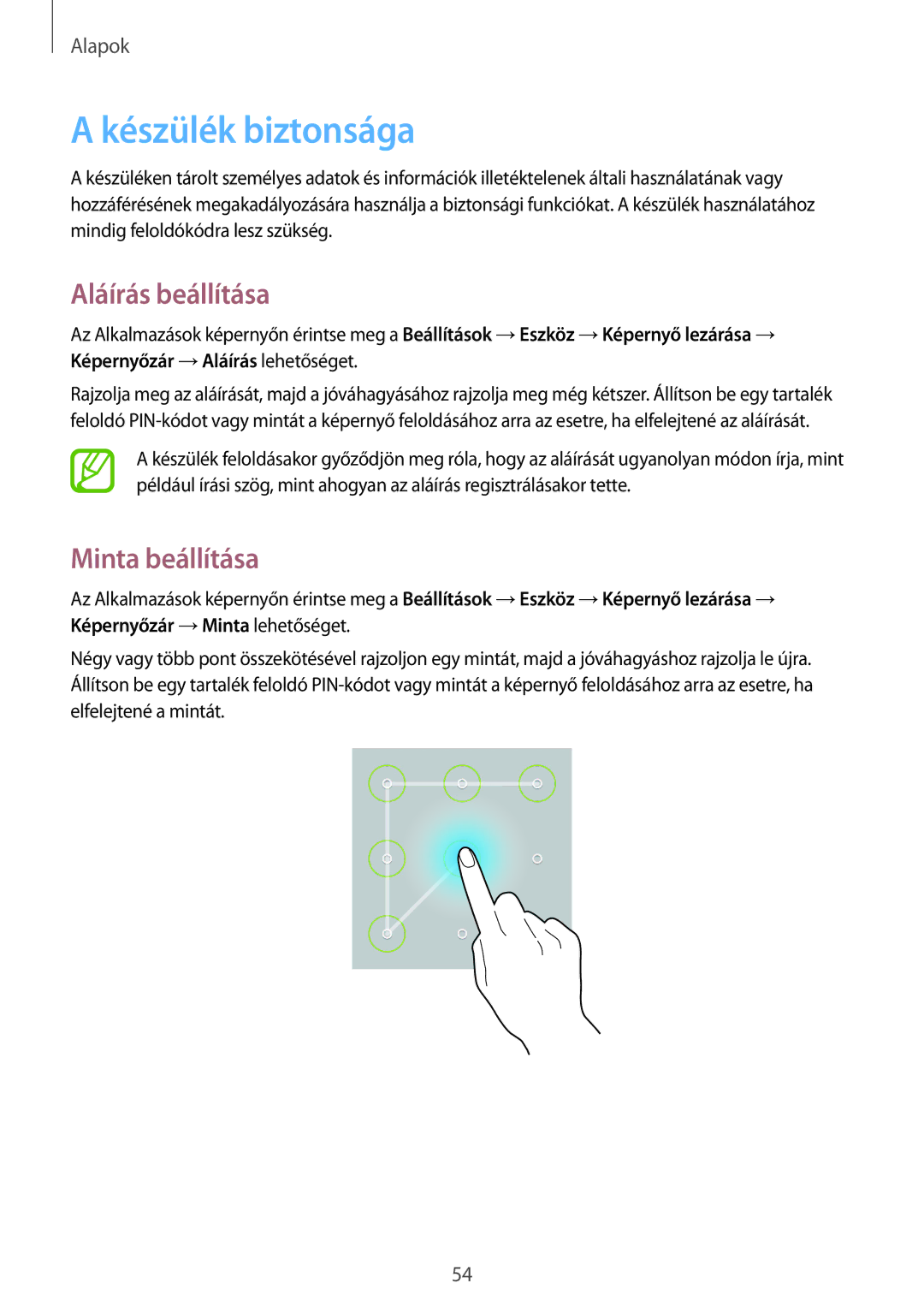 Samsung SM-P9050ZKAXEH manual Készülék biztonsága, Aláírás beállítása, Minta beállítása 