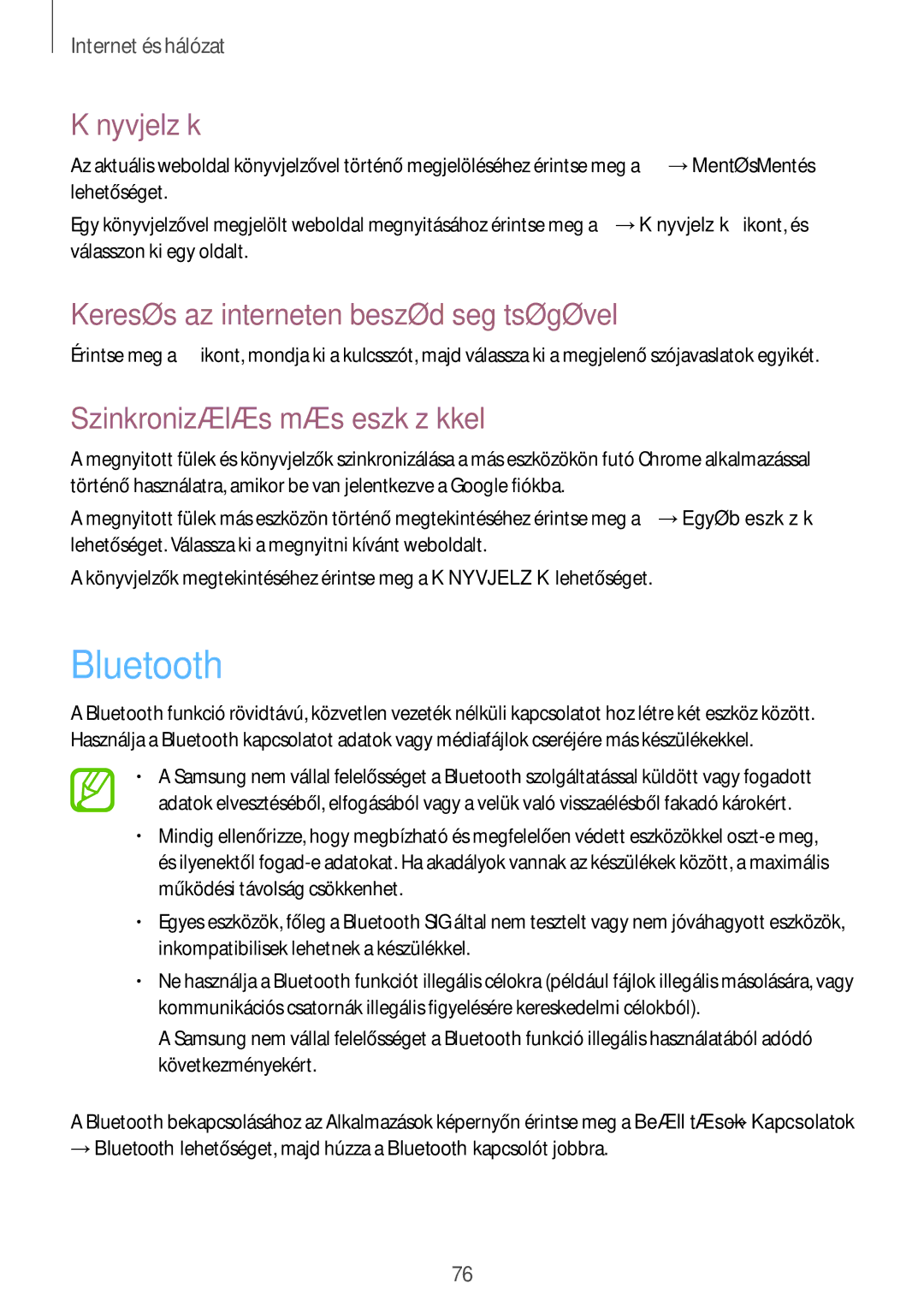 Samsung SM-P9050ZKAXEH manual Bluetooth, Szinkronizálás más eszközökkel 