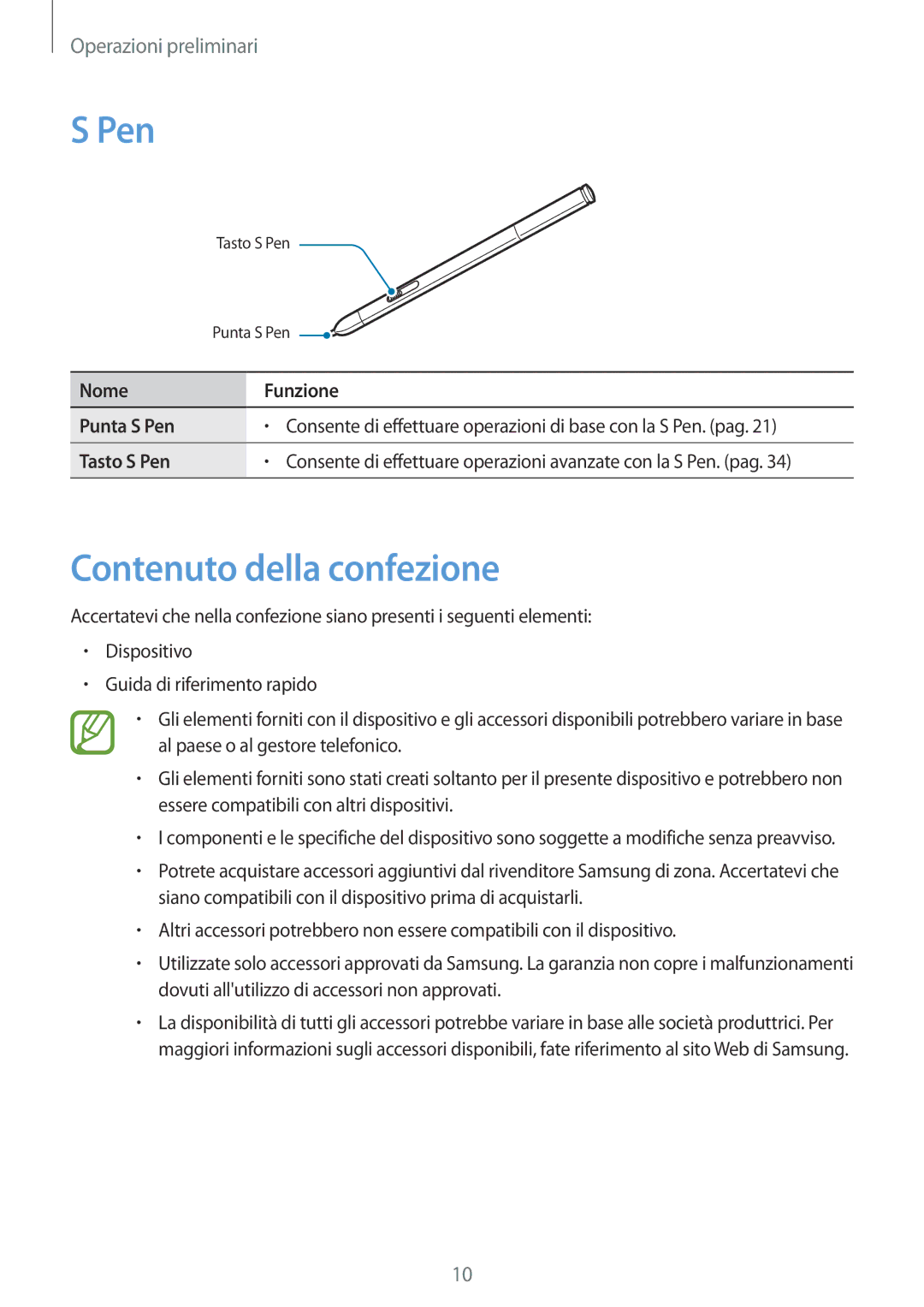 Samsung SM-P9050ZKAITV, SM-P9050ZKAXEO, SM-P9050ZWYITV, SM-P9050ZKYITV manual Pen, Contenuto della confezione 