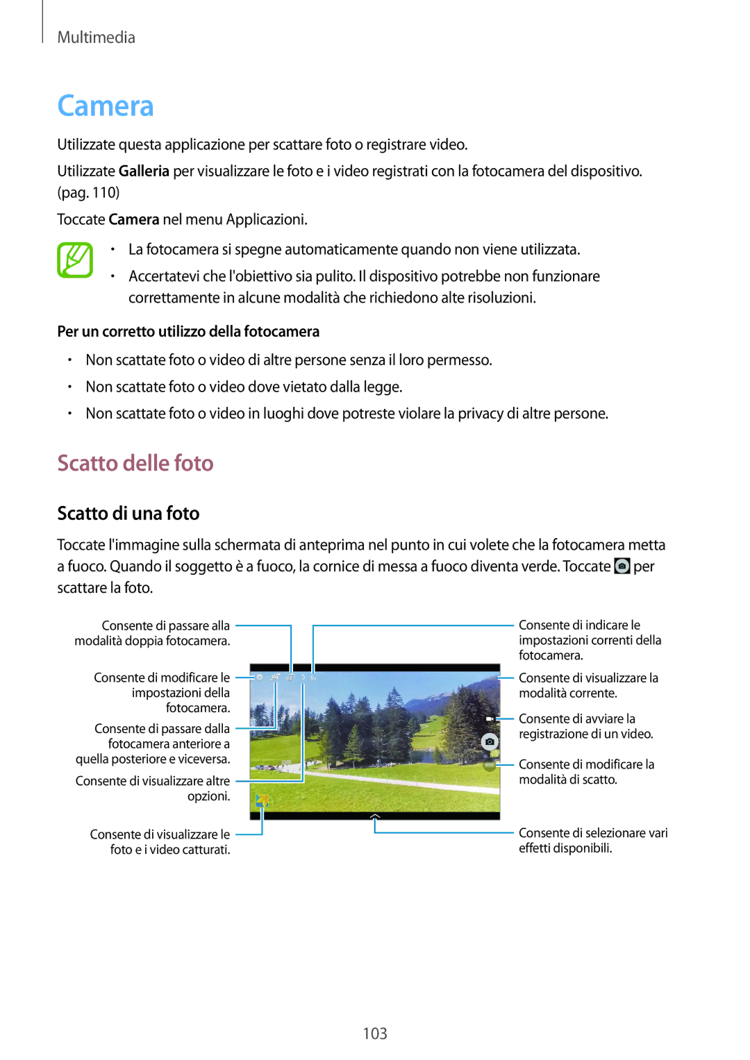 Samsung SM-P9050ZKYITV manual Camera, Scatto delle foto, Scatto di una foto, Per un corretto utilizzo della fotocamera 