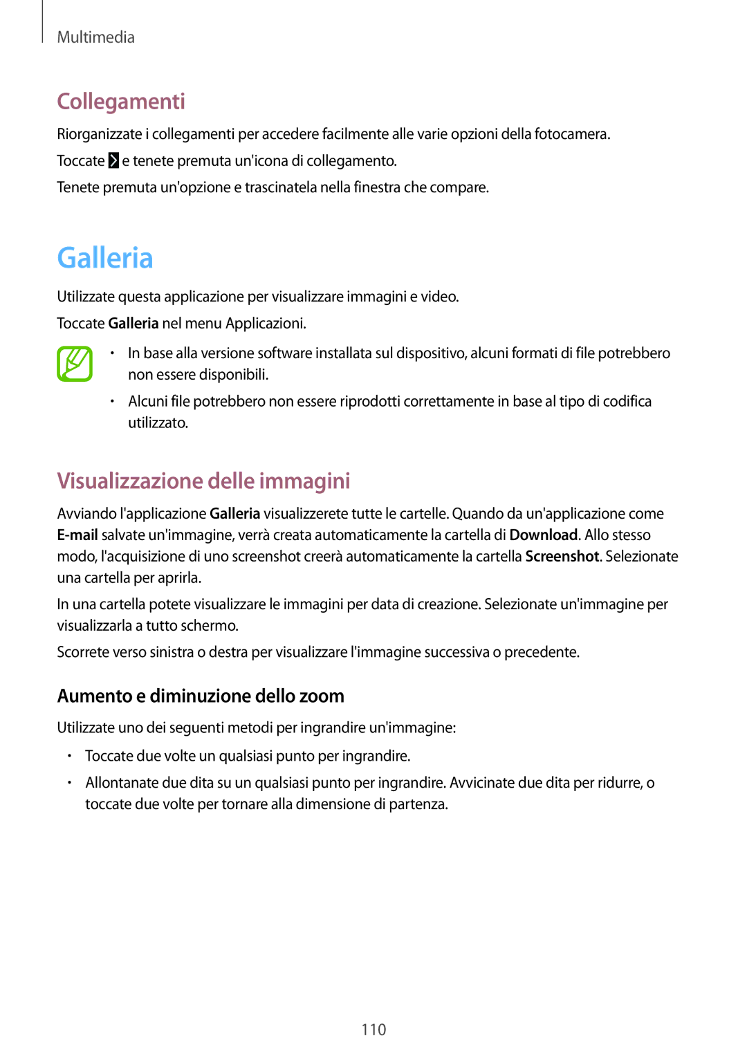 Samsung SM-P9050ZKAITV manual Galleria, Collegamenti, Visualizzazione delle immagini, Aumento e diminuzione dello zoom 