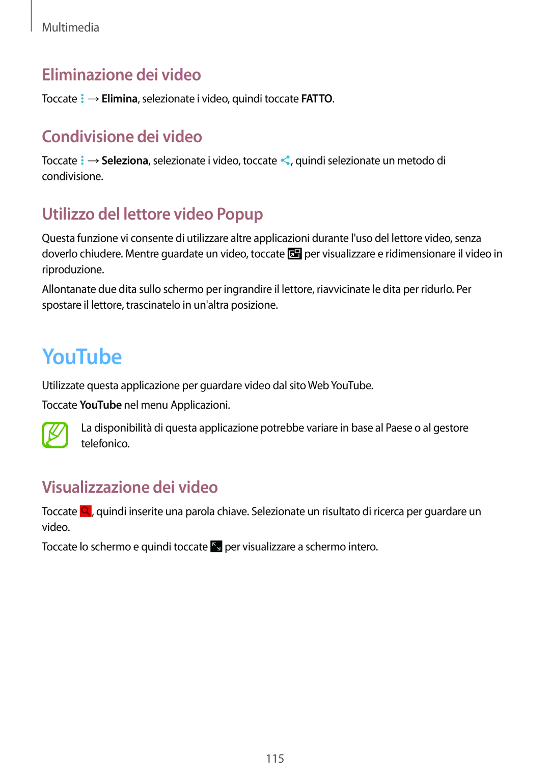 Samsung SM-P9050ZKYITV manual YouTube, Eliminazione dei video, Condivisione dei video, Utilizzo del lettore video Popup 