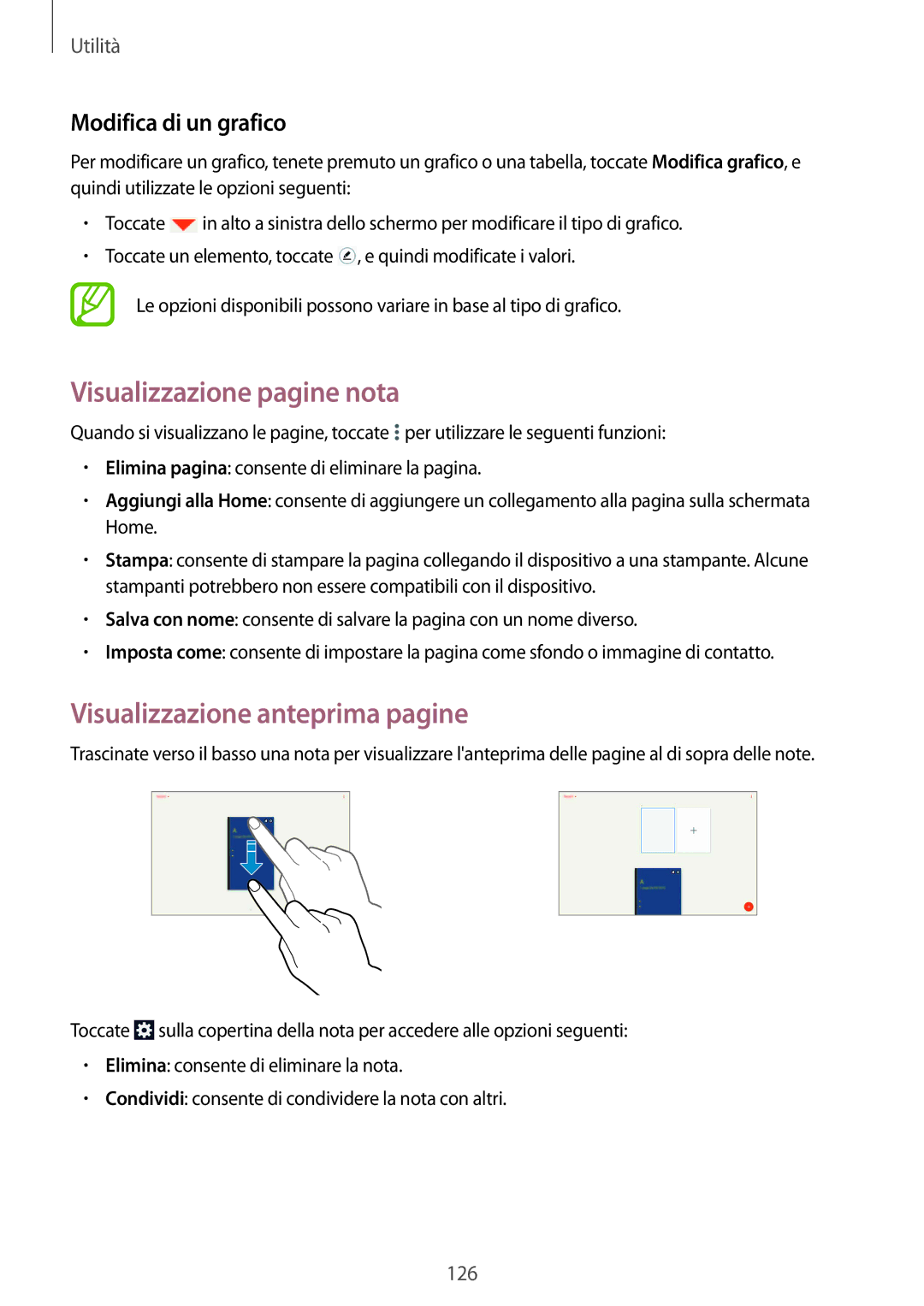 Samsung SM-P9050ZKAITV manual Visualizzazione pagine nota, Visualizzazione anteprima pagine, Modifica di un grafico 