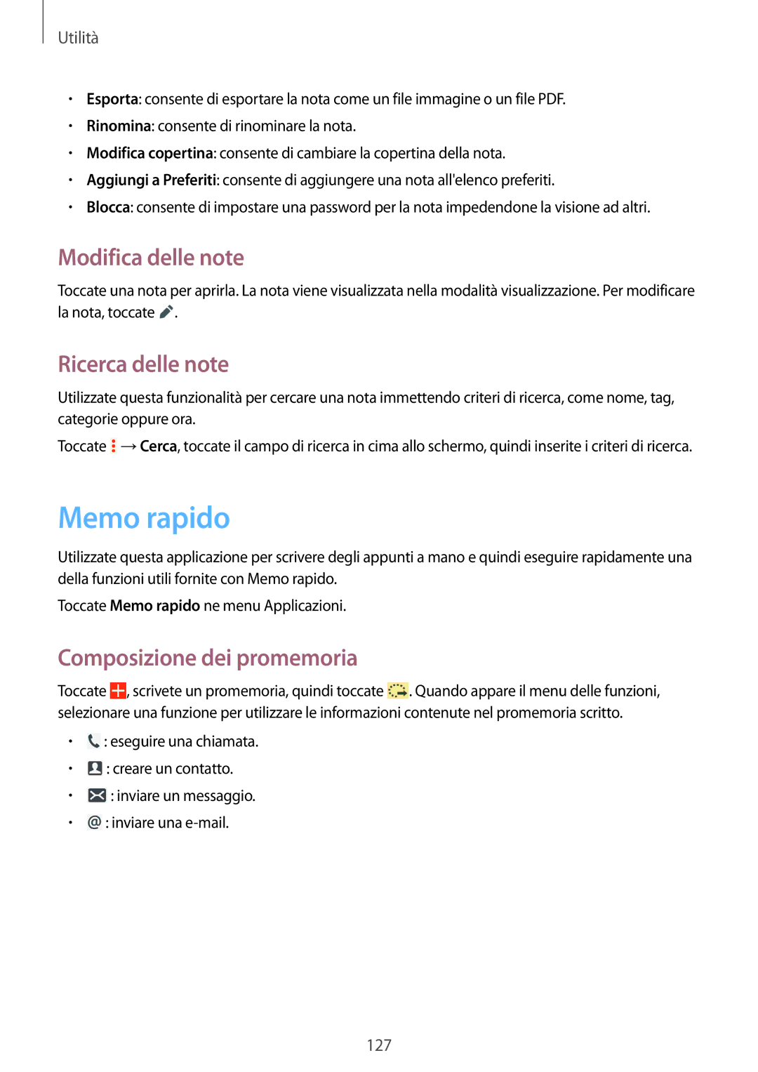 Samsung SM-P9050ZKYITV, SM-P9050ZKAXEO Memo rapido, Modifica delle note, Ricerca delle note, Composizione dei promemoria 