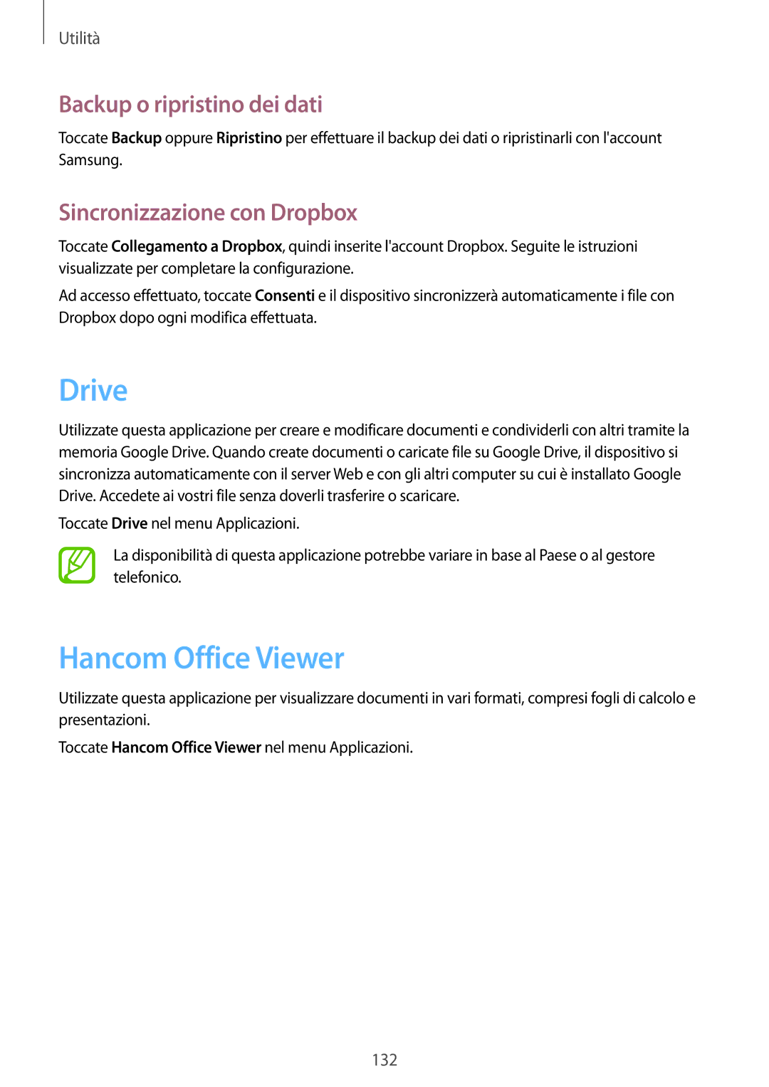 Samsung SM-P9050ZKAXEO manual Drive, Hancom Office Viewer, Backup o ripristino dei dati, Sincronizzazione con Dropbox 
