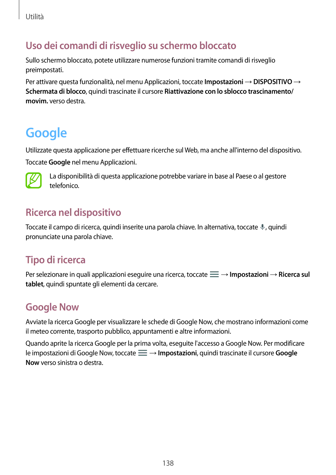 Samsung SM-P9050ZKAITV Google, Uso dei comandi di risveglio su schermo bloccato, Ricerca nel dispositivo, Tipo di ricerca 