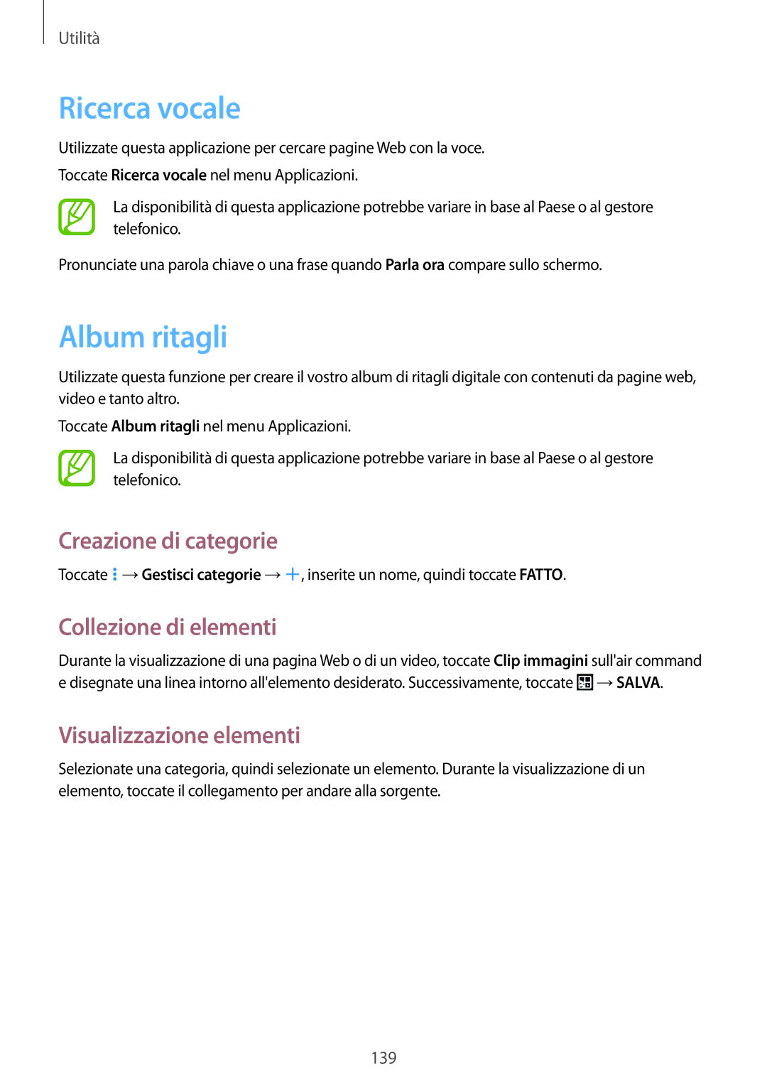 Samsung SM-P9050ZKYITV, SM-P9050ZKAXEO manual Ricerca vocale, Album ritagli, Creazione di categorie, Collezione di elementi 