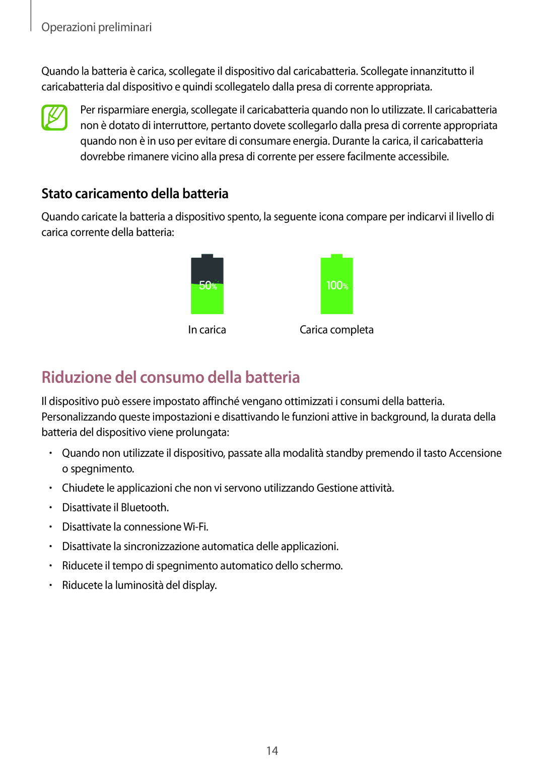 Samsung SM-P9050ZKAITV, SM-P9050ZKAXEO manual Riduzione del consumo della batteria, Stato caricamento della batteria 