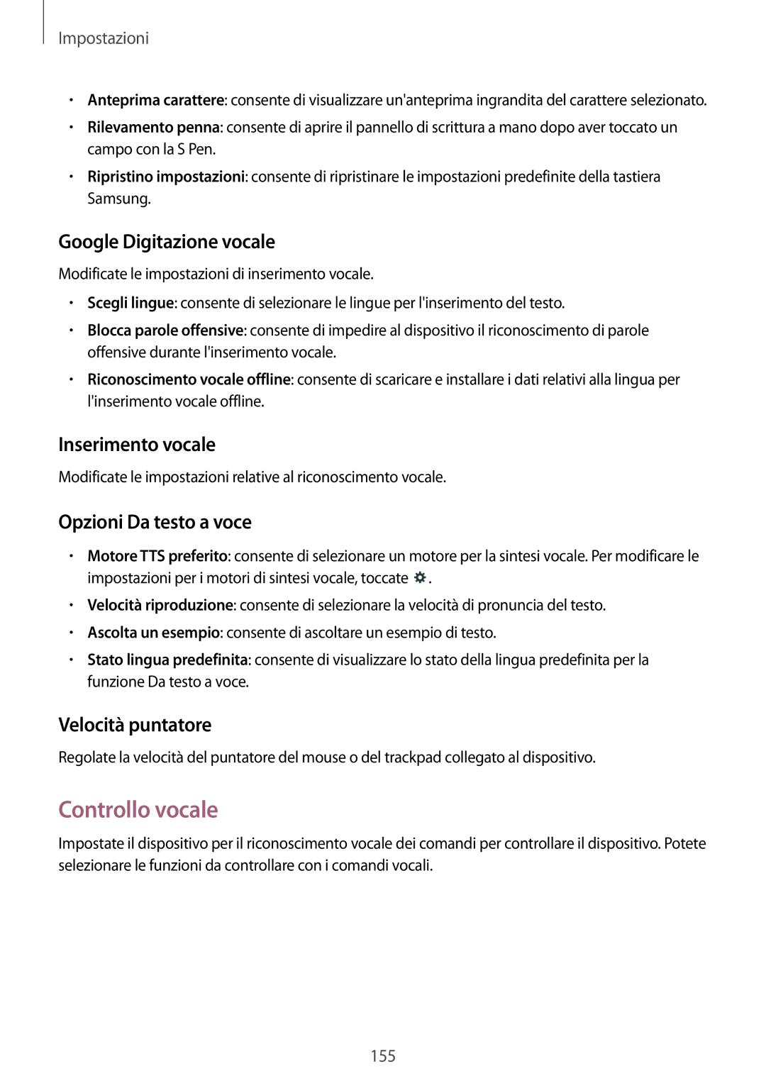 Samsung SM-P9050ZKYITV manual Controllo vocale, Google Digitazione vocale, Inserimento vocale, Opzioni Da testo a voce 