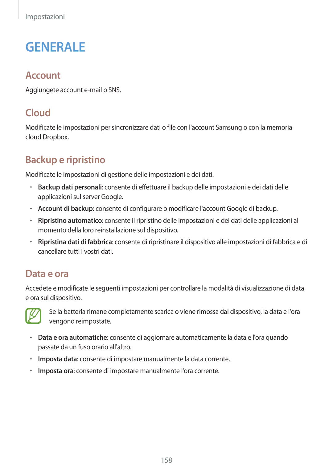 Samsung SM-P9050ZKAITV, SM-P9050ZKAXEO, SM-P9050ZWYITV, SM-P9050ZKYITV manual Account, Cloud, Backup e ripristino, Data e ora 