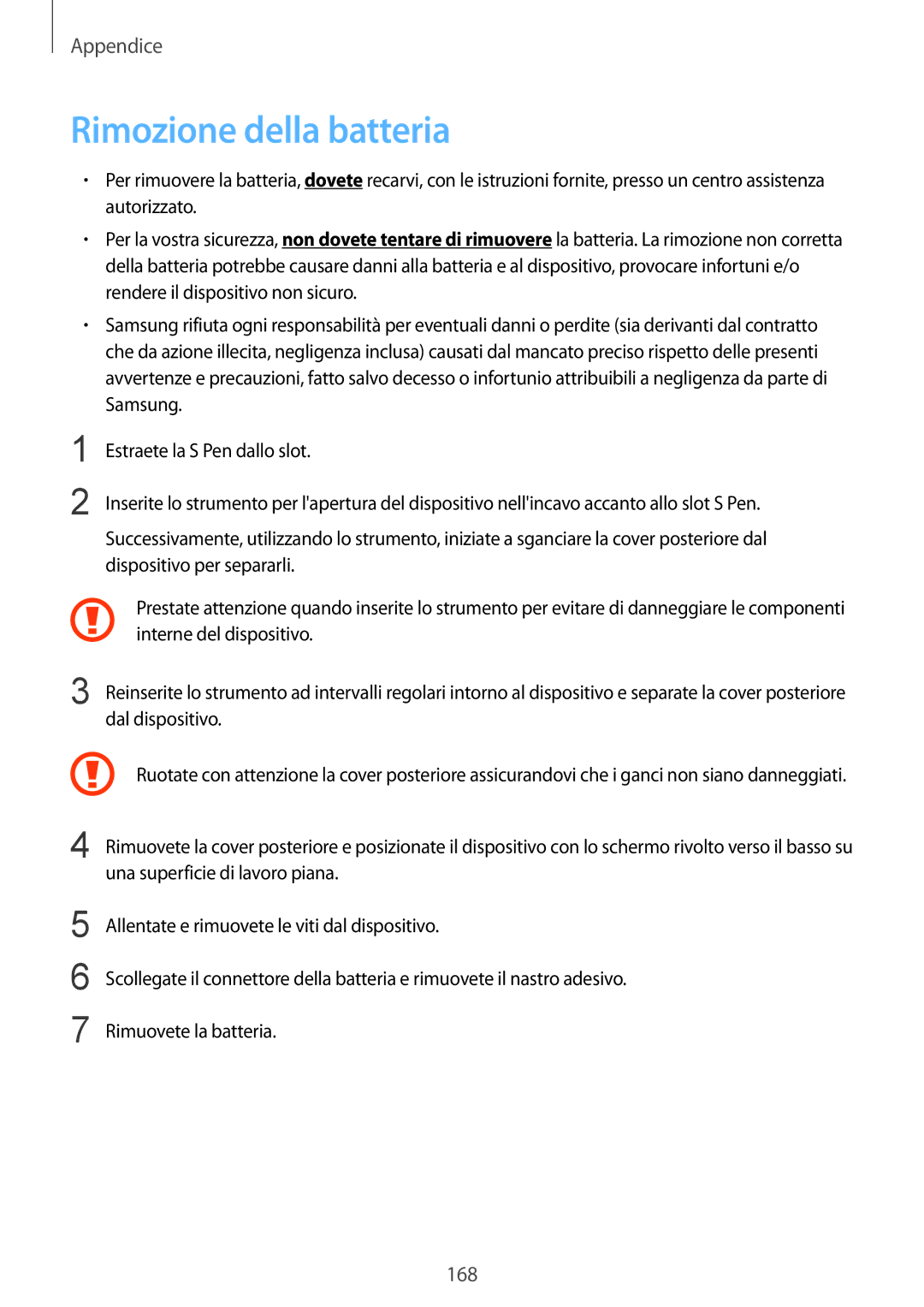 Samsung SM-P9050ZKAXEO, SM-P9050ZWYITV, SM-P9050ZKAITV, SM-P9050ZKYITV manual Rimozione della batteria, 168 