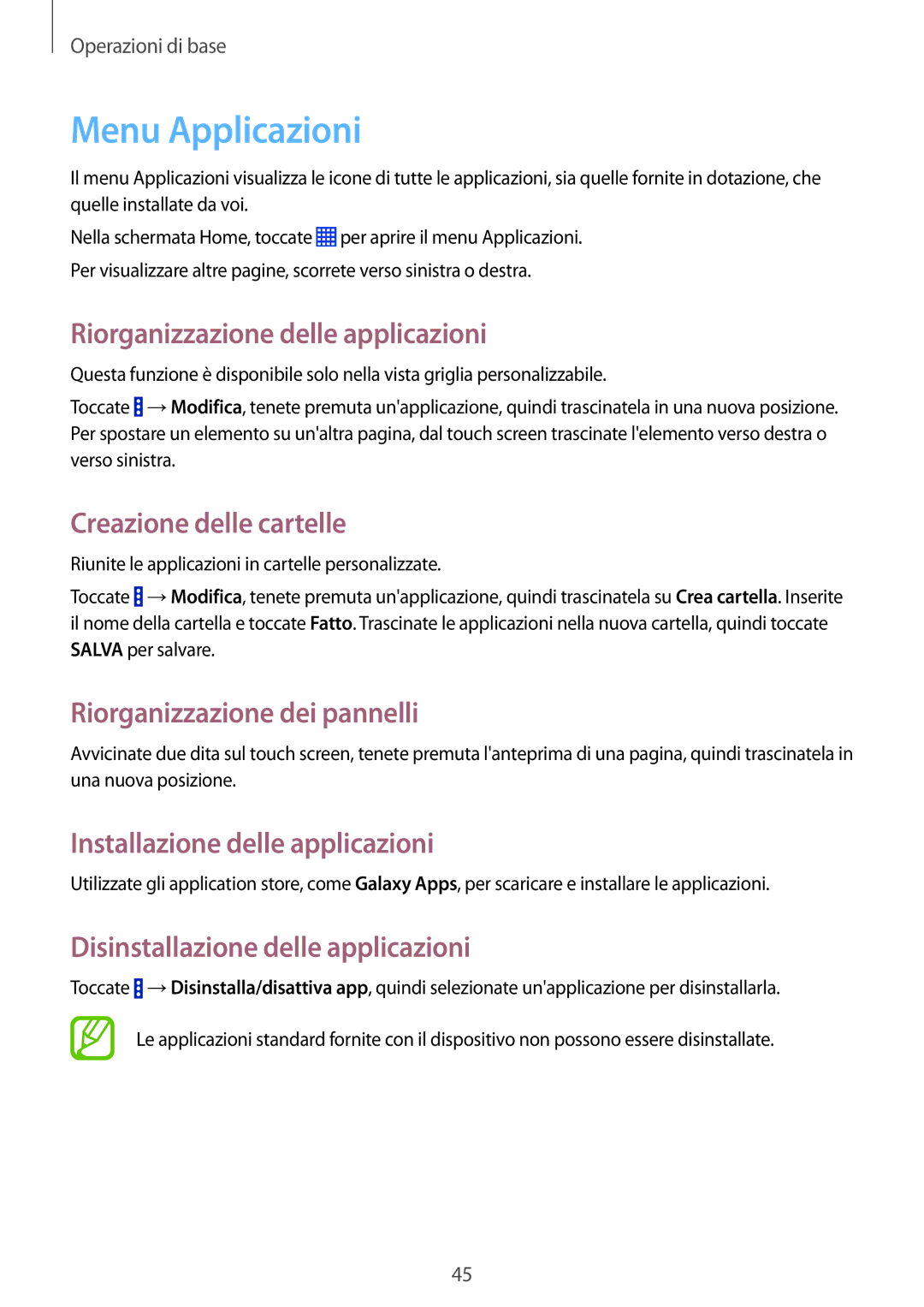 Samsung SM-P9050ZWYITV, SM-P9050ZKAXEO, SM-P9050ZKAITV, SM-P9050ZKYITV manual Menu Applicazioni 