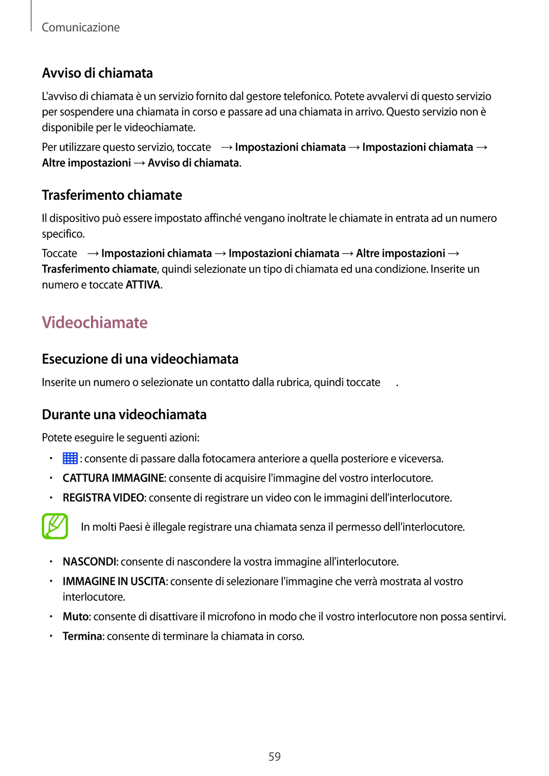 Samsung SM-P9050ZKYITV manual Videochiamate, Avviso di chiamata, Trasferimento chiamate, Esecuzione di una videochiamata 