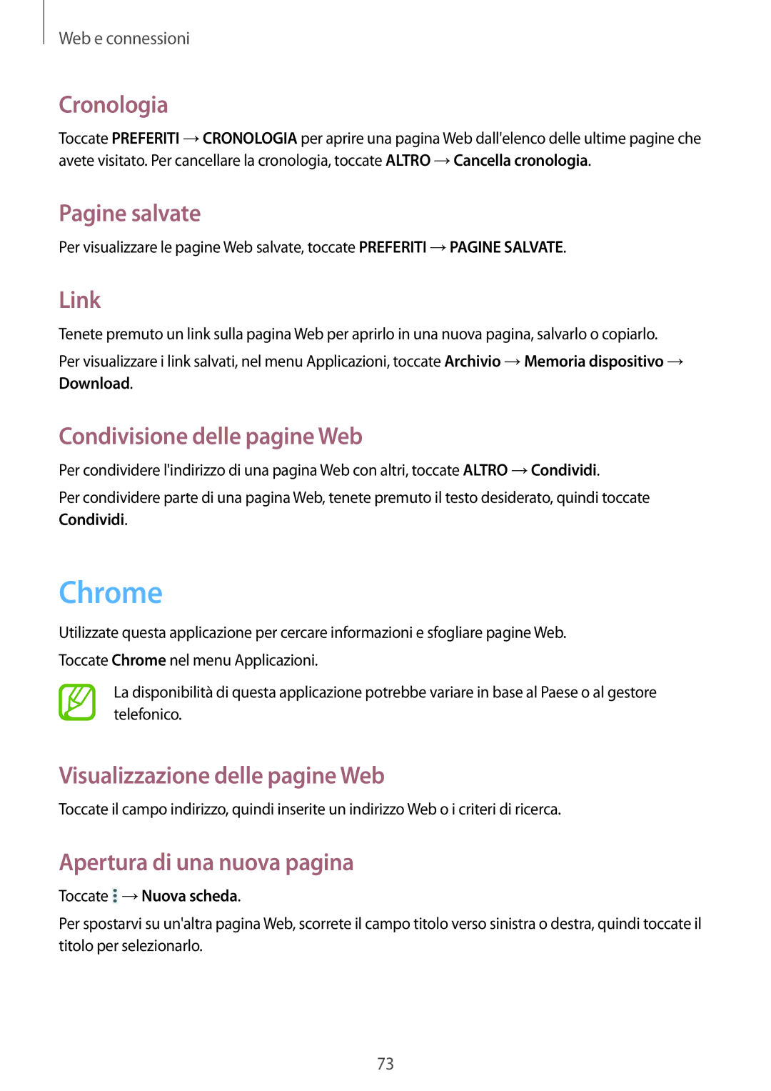 Samsung SM-P9050ZWYITV, SM-P9050ZKAXEO manual Chrome, Cronologia, Pagine salvate, Link, Condivisione delle pagine Web 