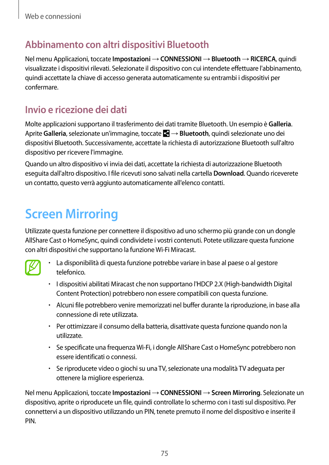 Samsung SM-P9050ZKYITV manual Screen Mirroring, Abbinamento con altri dispositivi Bluetooth, Invio e ricezione dei dati 