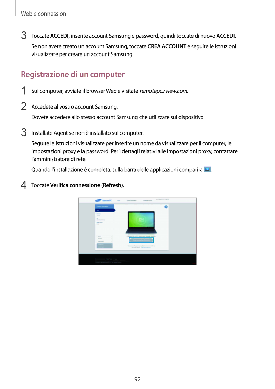 Samsung SM-P9050ZKAXEO, SM-P9050ZWYITV, SM-P9050ZKAITV Registrazione di un computer, Toccate Verifica connessione Refresh 