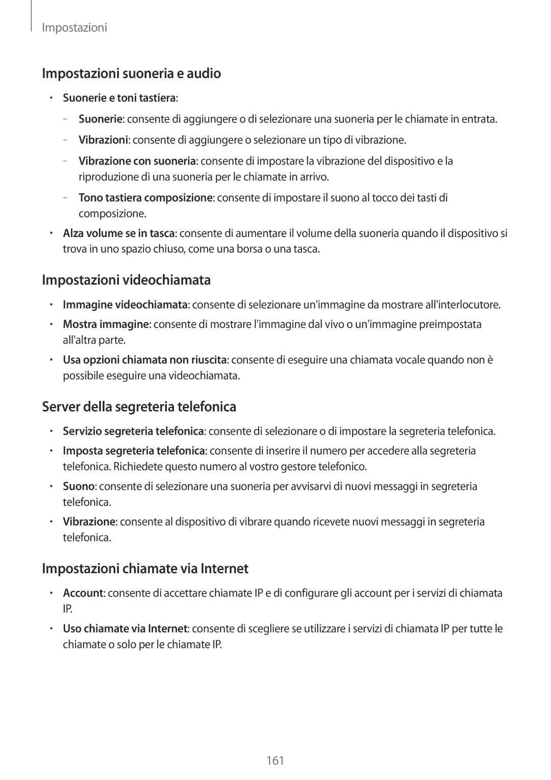 Samsung SM-P9050ZWYITV manual Impostazioni suoneria e audio, Impostazioni videochiamata, Server della segreteria telefonica 